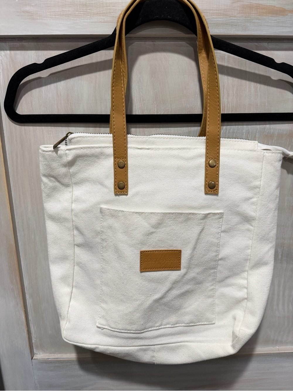 Cozy Earth White Canvas Tote with Tan Leather Handles